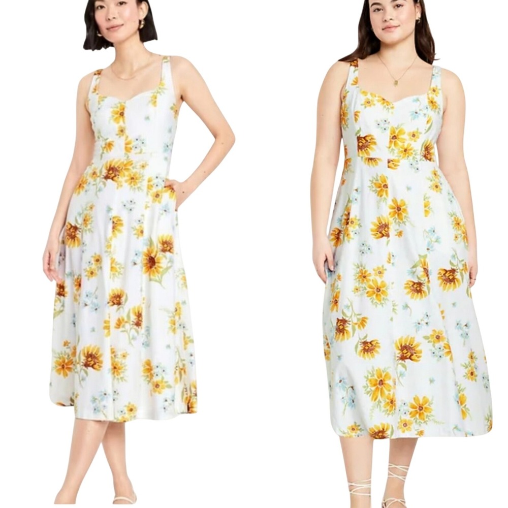 Coastal Cowgirl Cottagecore Sunflower Linen Smocked‎ Midi Dress XL  Beach Resort